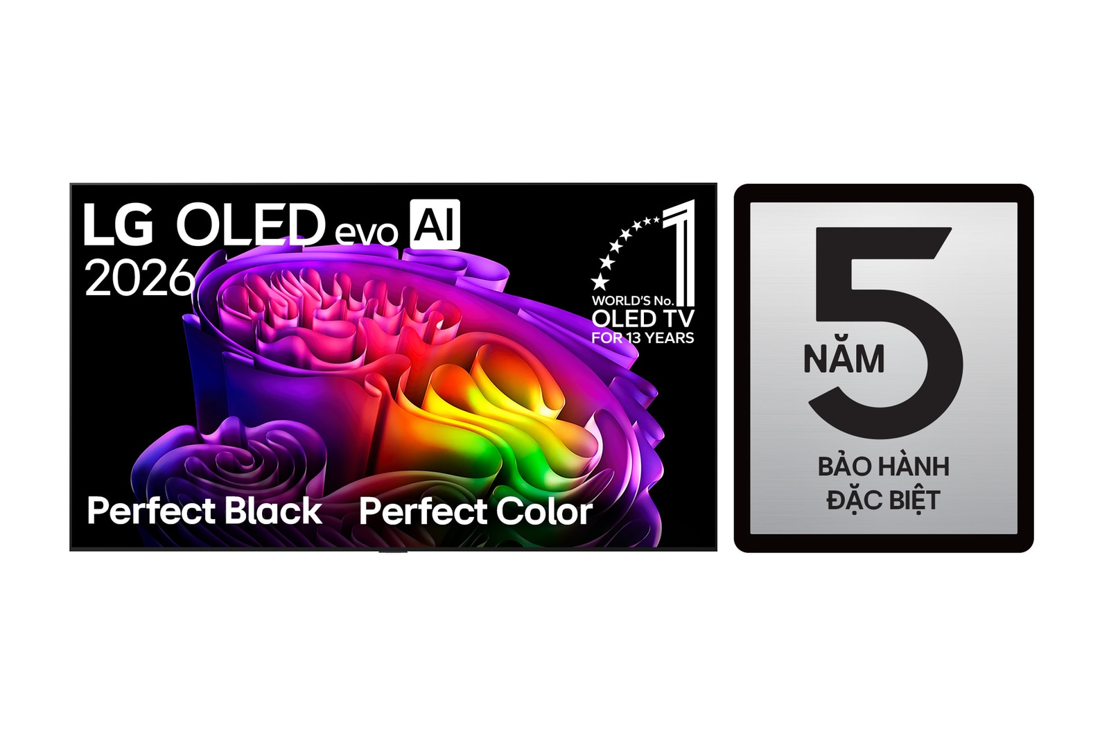The front view of the LG OLED evo AI G6, released in 2026, displays an image of layered, multicolored forms, featuring Hyper Radiant Color Tech, Perfect Black & Perfect Color, along with the World’s No.1 OLED TV for 13 Years badge.